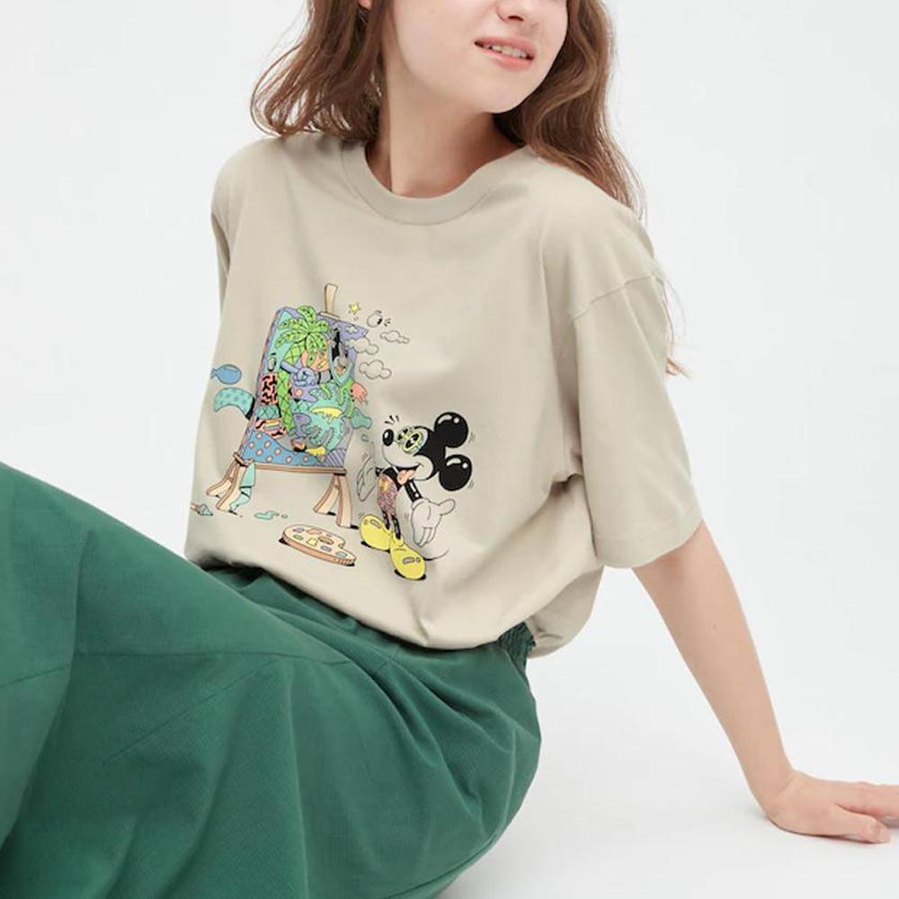 Uniqlo X Steven Harrington Mickey Cartoon Print Short Sleeve T-Shirt Unisex Tops Light-Beige 445593-30