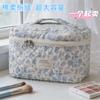 Blue Floral Quilted Cosmetic Bag Large Capacity Handheld Makeup Organizer Travel Toiletry Bag