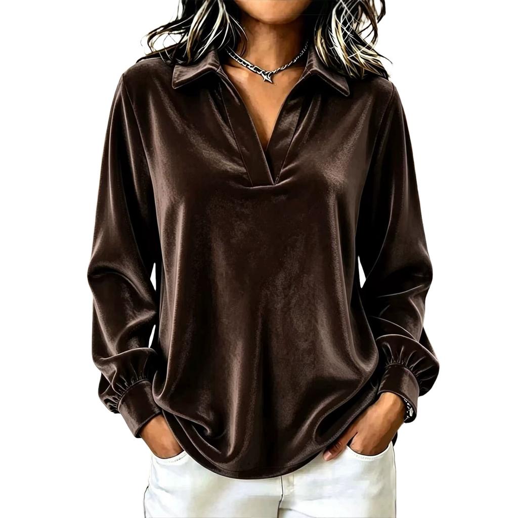 Women's Color V-Neck Long Sleeve Loose Pullover Top with Lapel Collar