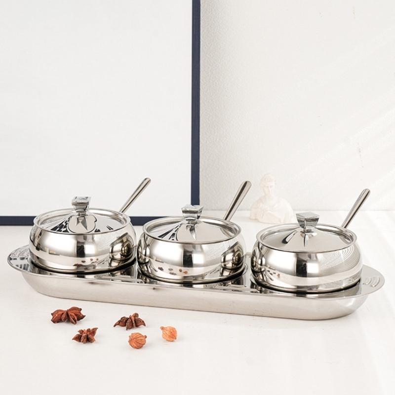 Durable 304 Stainless Steel Condiment Container Set With Lid And Spoons Spices Storage Solution For Home Use