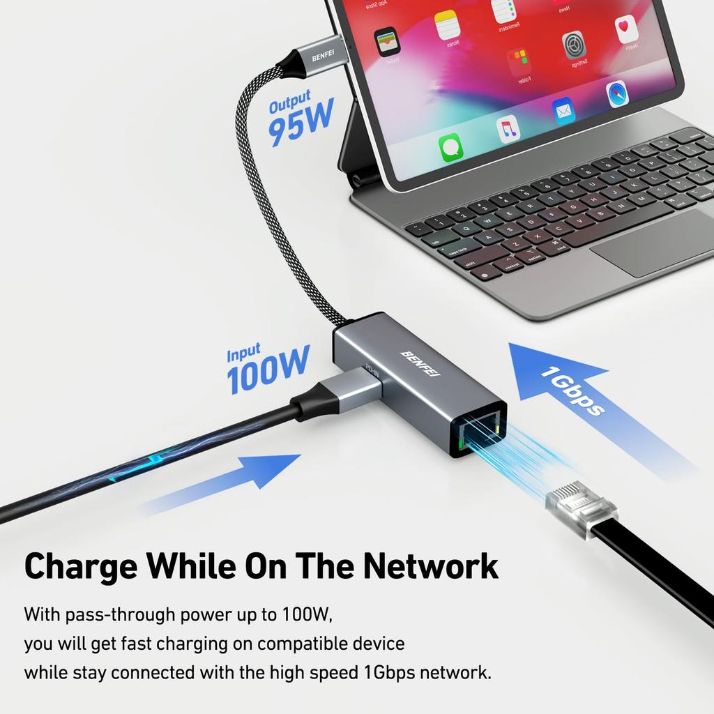 BENFEI Gigabit Ethernet Adapter Supports 100W fast charging Thunderbolt compatible Equipped with RJ45 LAN port Compatible with iPhone 15 MacBook iPad