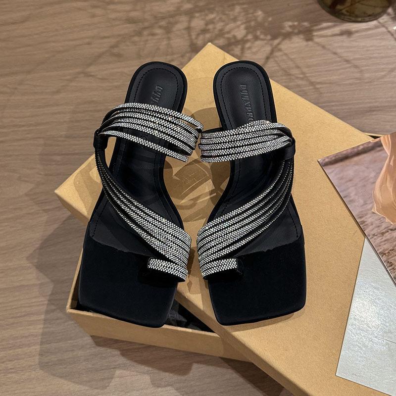 

Сандалии с носком, украшенные стразами, женская обувь, летняя одежда, новые темпераментные, модные, универсальные сандалии на толстом каблуке 35 чёрный