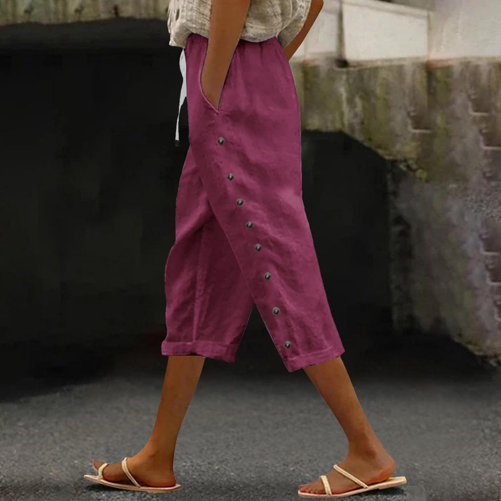 Women's Fashion Loose Casual Splicing Button Drawstring Solid Color 3/4 Pants