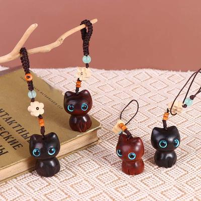 Pendentif de téléphone tissé à la main Porte-clés Sangle Anneau pour téléphone portable Porte-clés en bois de santal Pendentif Chat porte-bonheur
