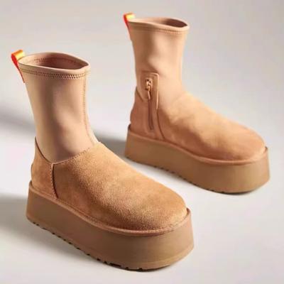 Schuhe für Damen Elegant mit mittleren Absätzen Damen Schneestiefel Knöchel Elastisch Schwarz Klobige Stiefeletten Plateau Im Angebot Stilvoll