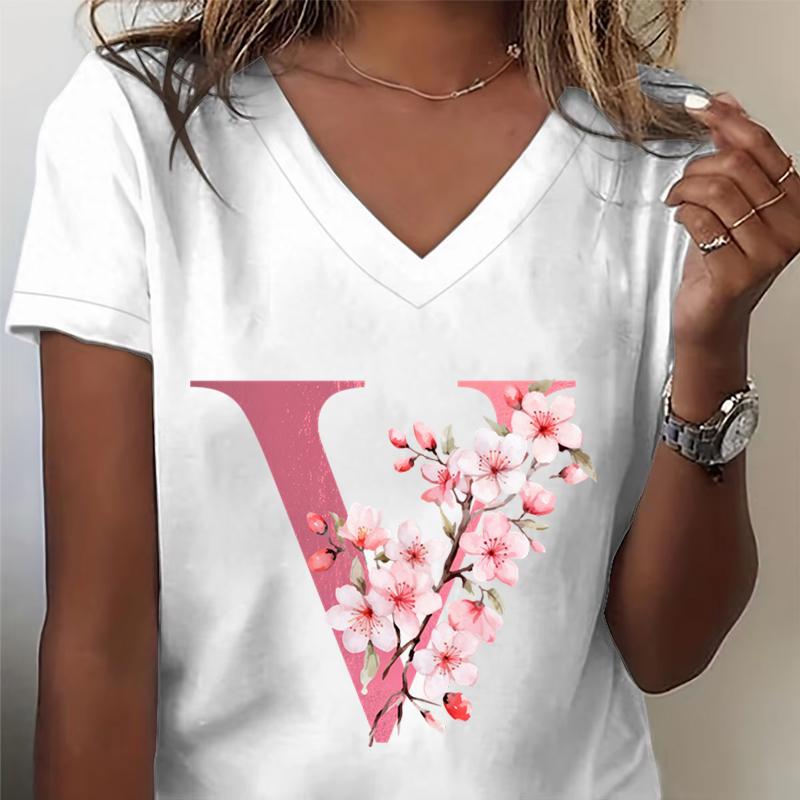Pink Sakura Alphabet Graphic T Shirts Unisex Az 26 Alphabet Pink Flower Cartoon Tshirts Cherry Blossom Letters C Casual Tops