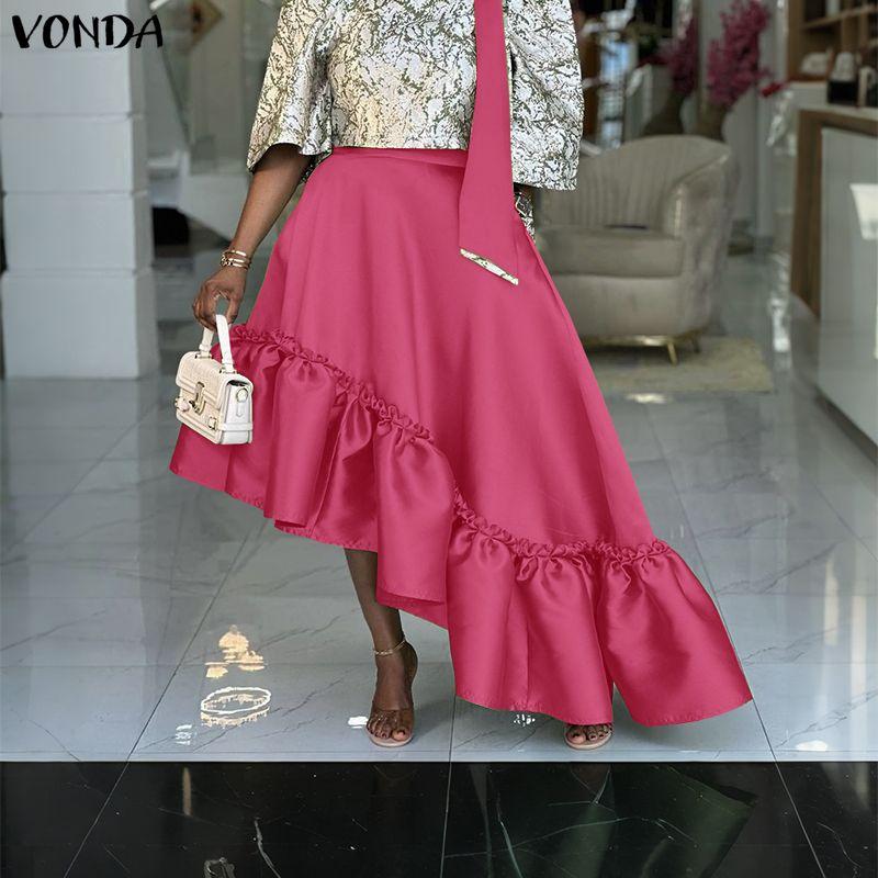 VONDA Women Back Zip-up Waist Smooth Ruffled Irregular Casual Thin Skirts Dress