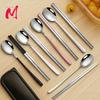 4 Set Chopsticks Spoon Cutlery Set Reusable Stainless Steel Non-slip Sushi Sticks Food Soup Spoon Dinnerware Set
