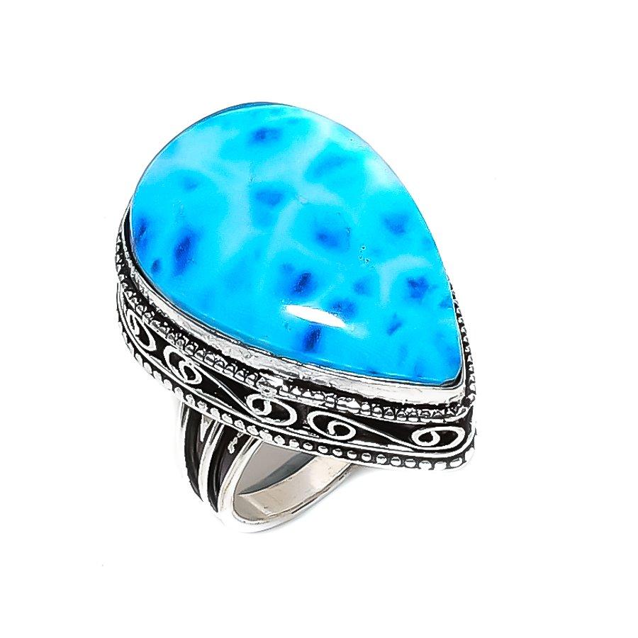 Natural Larimar Gemstone Handmade 925 Sterling Silver Jewelry Ring Size 7.5 ETC-14795