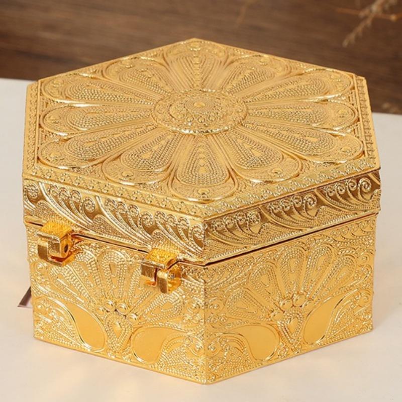Hexagon Shapec Mini Jewelry Storage Box Earrings Organizer European Style Gold Alloy Ring Necklace Storage Jar Dresser Display