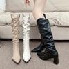 Fashion Boots for Woman Pointed Pleated Thigh High Boots Women Autumn Winter Chunky Heeled Shoes Solid Sexy Stacked Long Knee High Boots