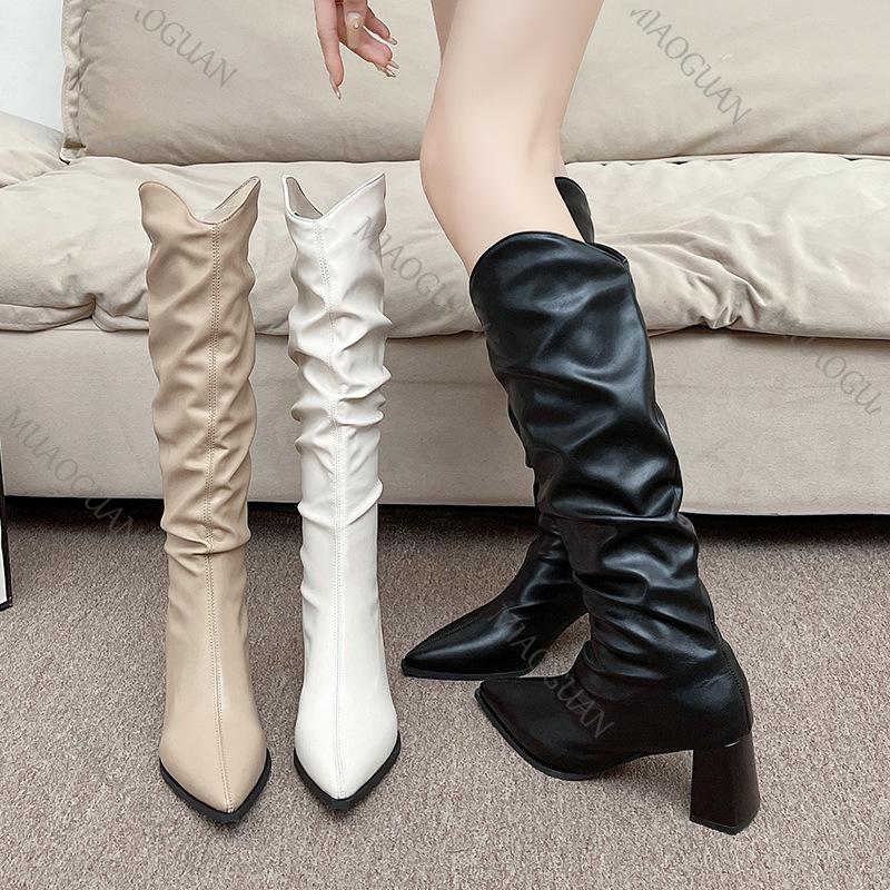 Fashion Boots for Woman Pointed Pleated Thigh High Boots Women Autumn Winter Chunky Heeled Shoes Solid Sexy Stacked Long Knee High Boots
