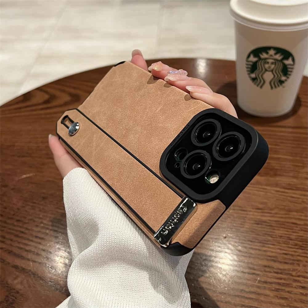The Suede Leather Wristband Is Suitable for Apple 13promax Phone Case Stand, Iphone14 Full Bag 12 Anti-drop Leather Case