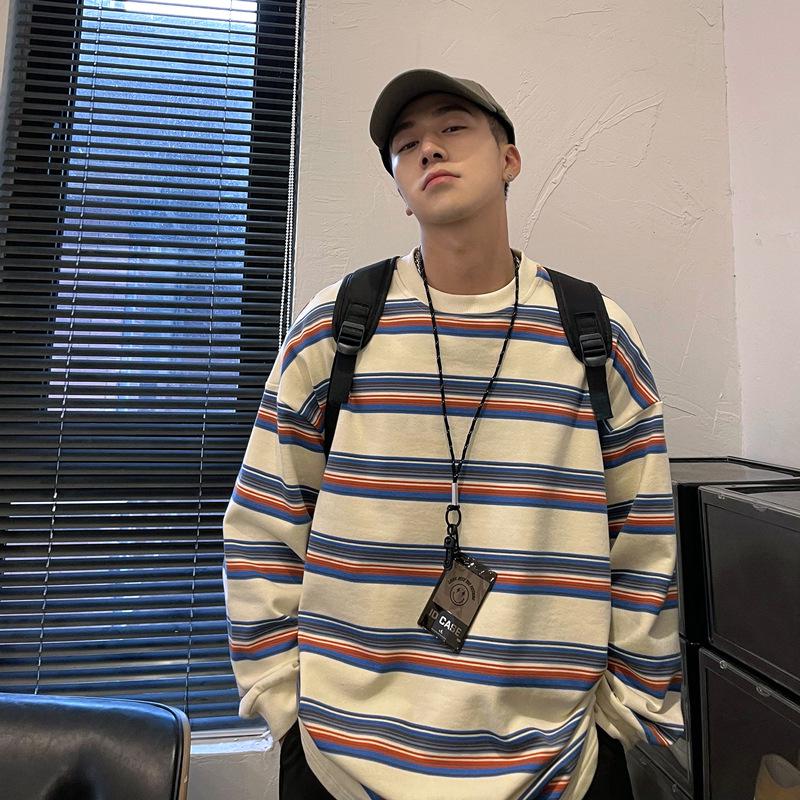 Men's Trendy Color Block Striped Pullover - Casual Loose Fit Round Neck Sweatshirt for Spring & Autumn.