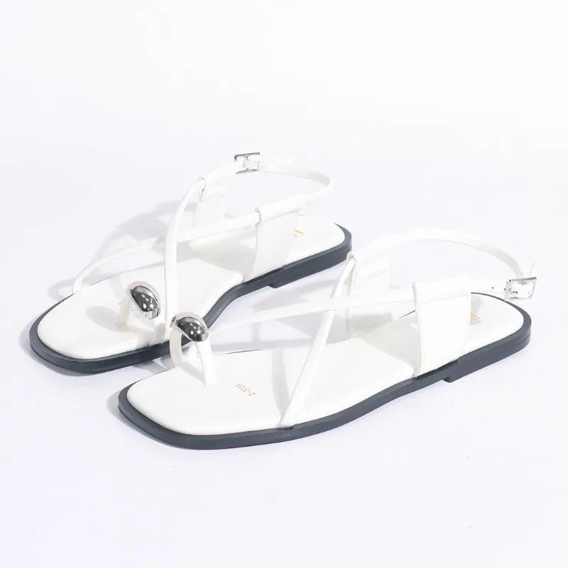 

Fashion Metal Decoration Clip Toe Flip Flops Women Summer Cross Tied Buckle Design Casual Shoes Comfort Anti-slip Vacation Beach Slipper 42 белый