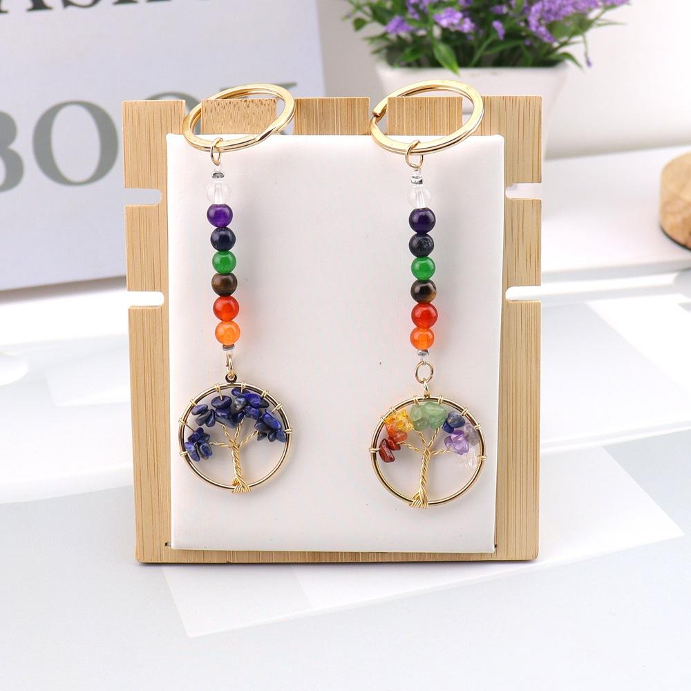 Gold Natural Crystal Colorful Stone Tree Of Life Keychain, Bag Pendant Pendant, Chakra Keychain K62