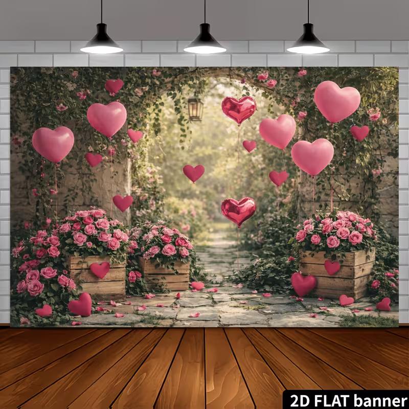 2D Rose Garden Heart Balloon Backdrop Wedding Photography Background