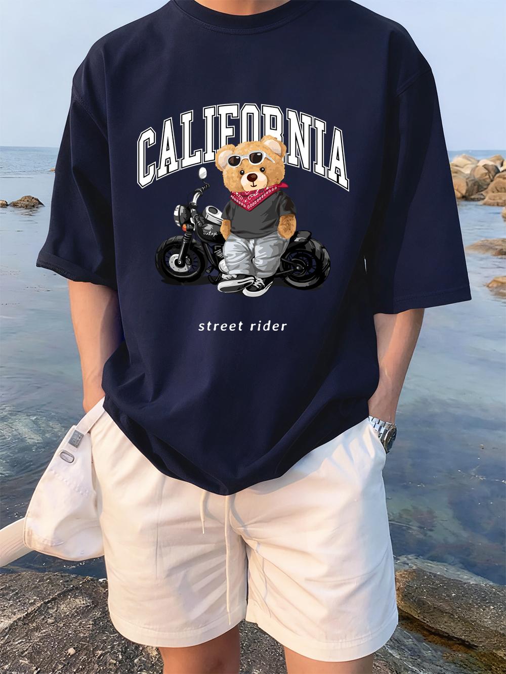 California Motorcycle Riding Bear Prints TShirts Womens Summer Cotton Tops Loose ONeck Soft Short Sleeve Tees Casual Clothes 4XL