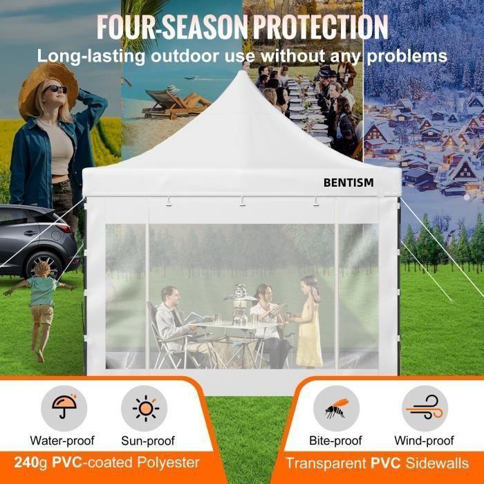 .Tonnelle Étanche Tente Pop-up Jardin Pavillon 3x3 m Parois Latérales Blanc