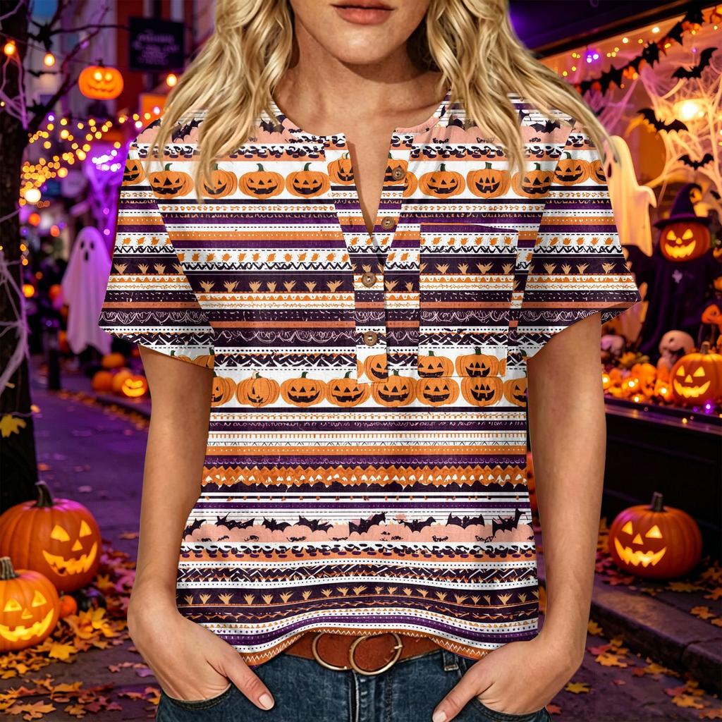 Women's Casual Halloween Print V Neck Short Sleeve Button Detail Three Quarter Sleeve T Shirt Top for Everyday Wear