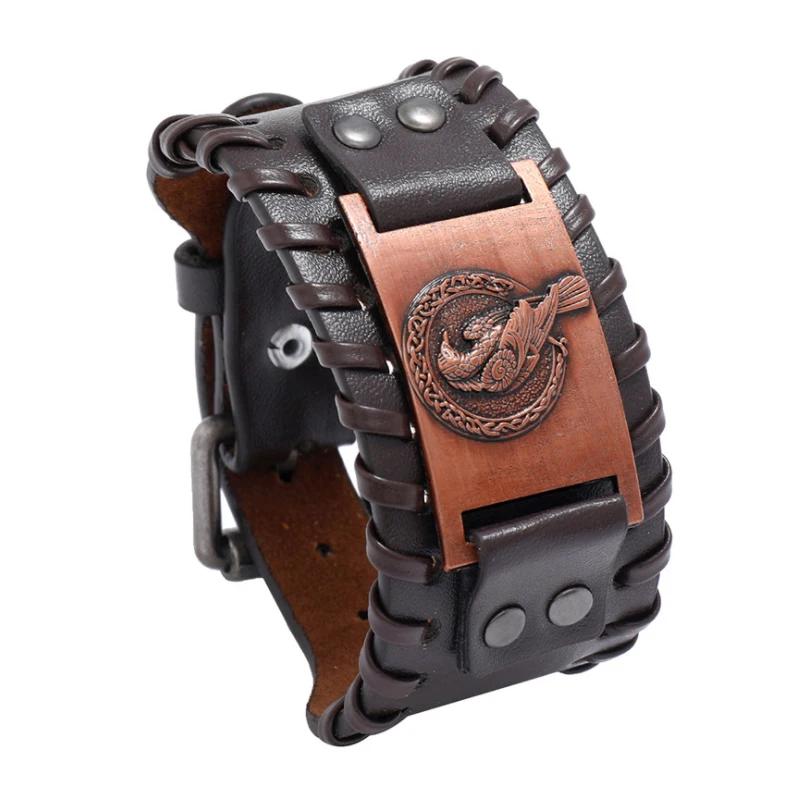 Trendy Wide Leather Woven Viking Rune Bracelet for Men Hip Hop Punk Jewelry Accessory Nordic Crow Charm Fashion