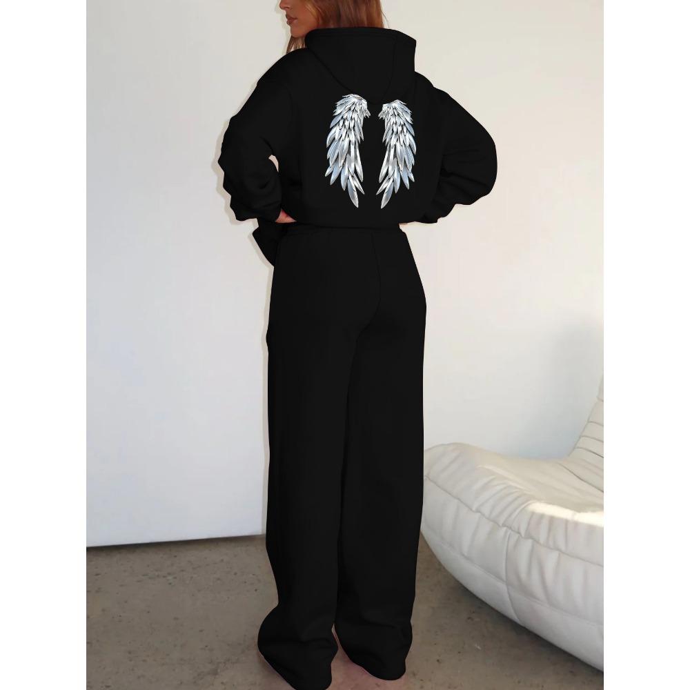 Casual Women's Suit with Interesting Printed Patterns, Fashionable Hooded Sweatshirt and Wide Leg Pants Set