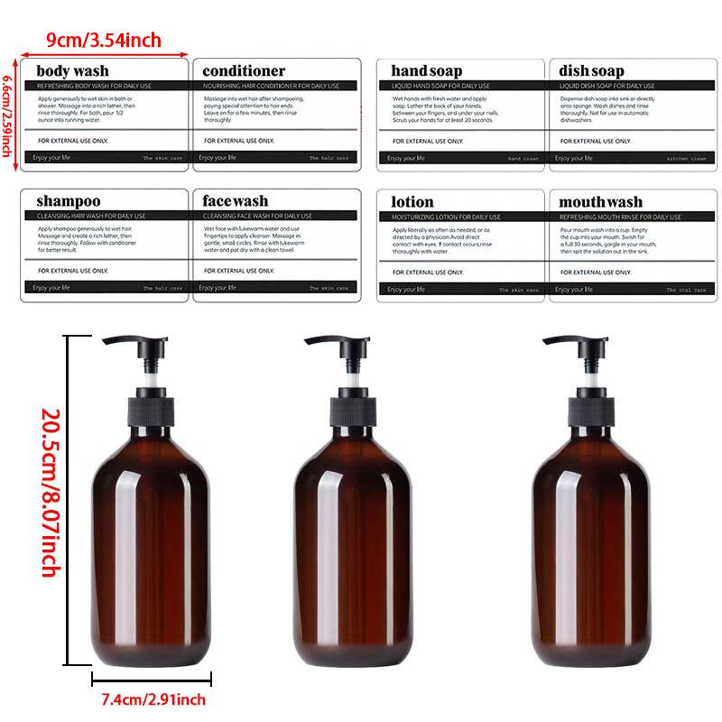 3er-Pack, 500 ml, nachfüllbarer Badezimmer-Flüssigseifenspender mit Pumpe, brauner/grüner Shampoo- und Conditioner-Spender mit 8 Etiketten