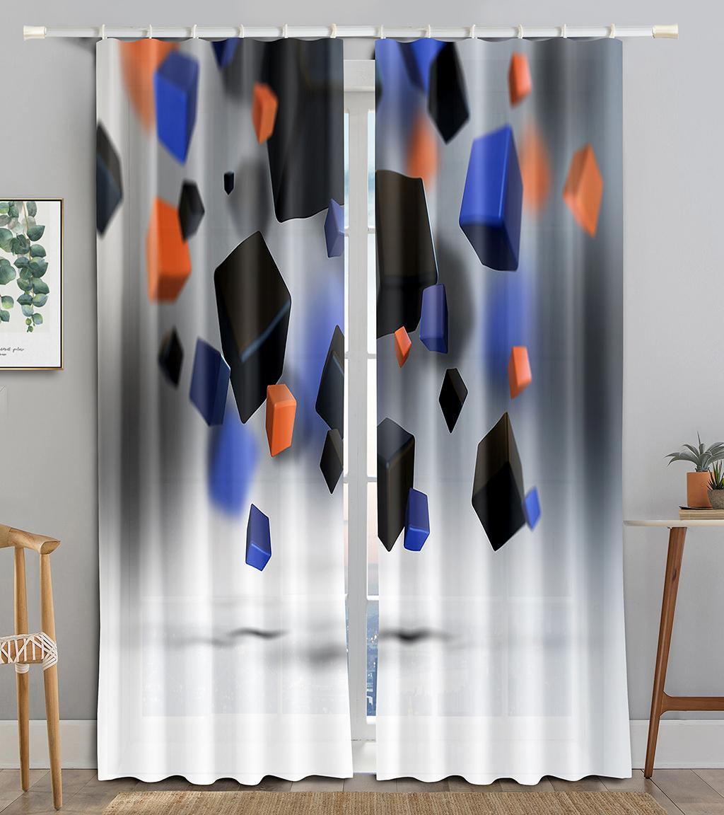 

3D Illustration Abstract Blocking Cubes Blackout Window Panel Curtain Living Room Room Bedroom Bathroom Kicthen Door Cupboard Decor Hooks W50 X H130(CM)X2&Grommet Top