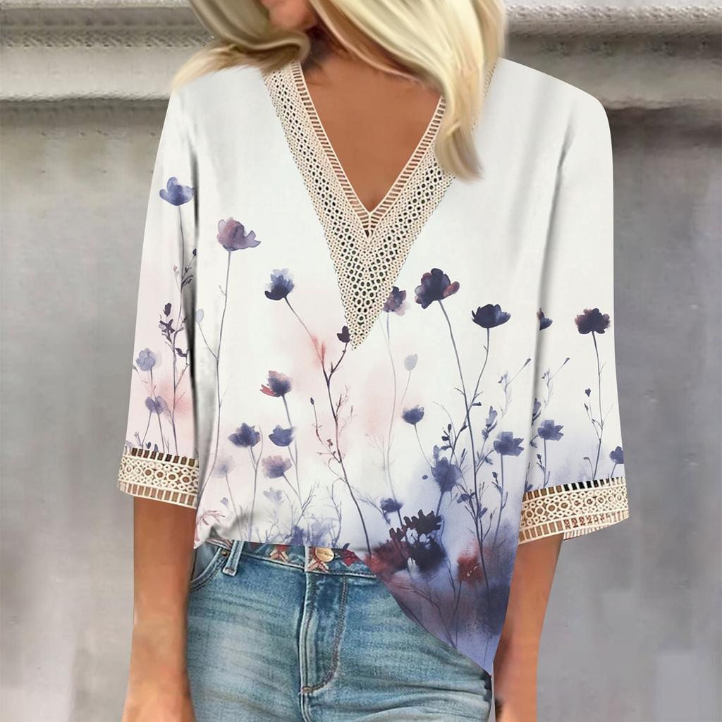 Women's Fashion V-Neck Lace Lace Vintage Floral Print T-Shirt Casual Seven Sleeve Top