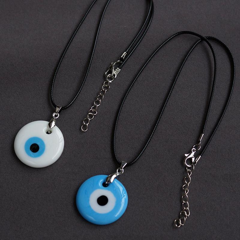 Retro Jewelry Round Shape Devil'S Eye Necklace Lucky Blue Eye Glass Pendant Necklace Accessories Simplicity Wax Thread Necklace Gift For Girls