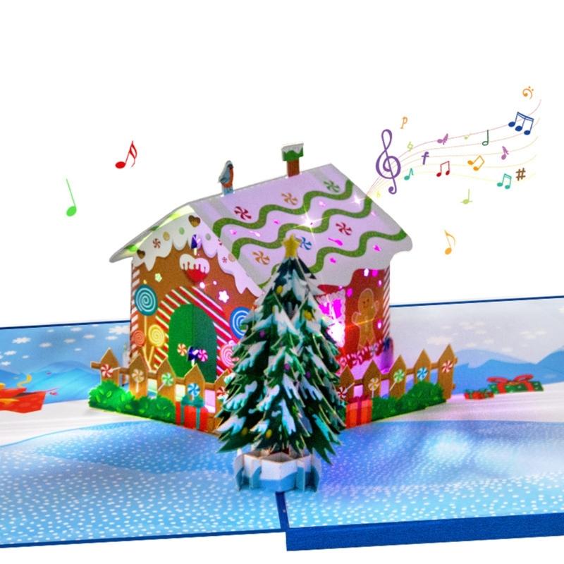LED Işıklı Müzikli Noel Kartı Katlanabilir 3D Açılır Tebrik Kartı Zarfıyla El Yapımı Davetiye Kartpostalı
