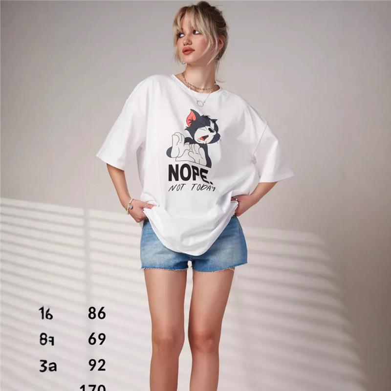 

Женская летняя повседневная футболка с круглым вырезом и принтом аниме-котенка Triple Extra Large белый