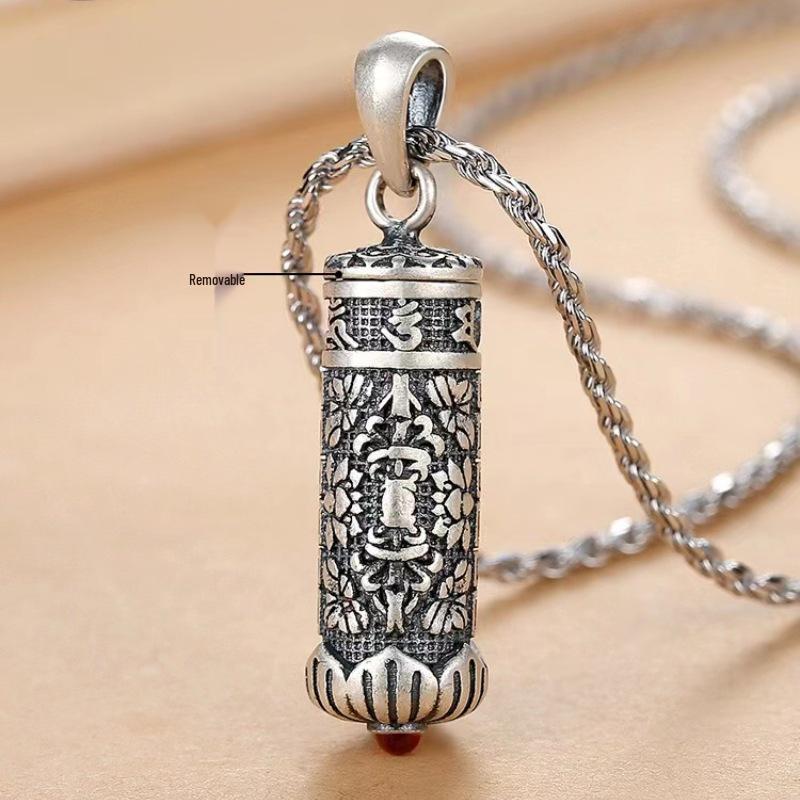 Seven Lucky Silver Vermilion Gahu Box Pendant Unisex Retro Necklace with Detachable Charm