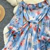 Women Off Shoulder Floral Print Short Dress Long Sleeve Ruffle Splice Smocked Waist A-Line Mini Skirt Casual Summer Beach Vacation Dress
