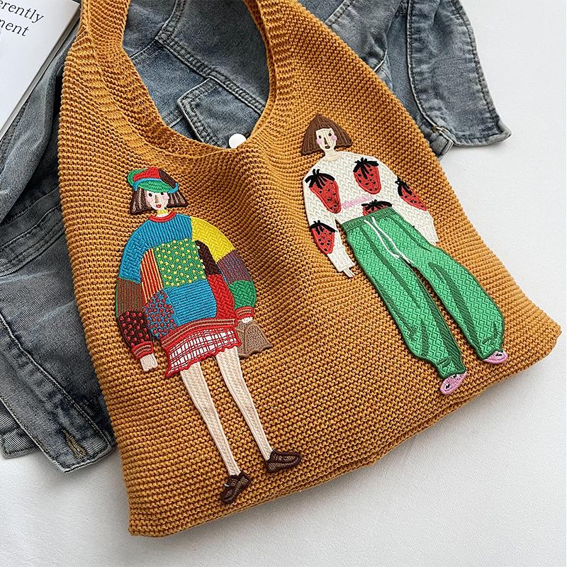 Cartoon Girl Pattern Knit Shoulder Bag,Hollow Mesh Lightweight Laid-Back Women Handbag,Summer Beach Vacation Chic Shopping Bag