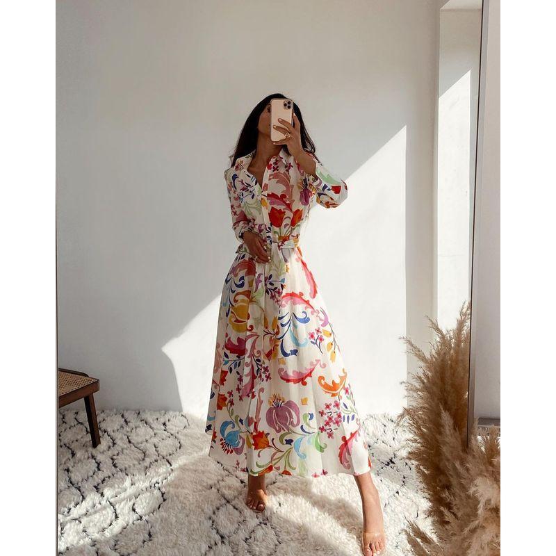 Women Printed Long Sleeve Dress Women's Printed Shirt Long Sleeve Lace-up Dress