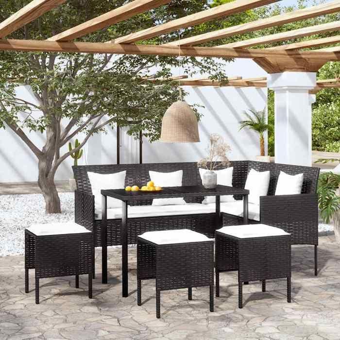 Salon de jardin 5 pièces Résine tressée Noir avec coussins