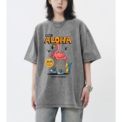 Hawaii Aloha Fang die Wellen Bedrucktes Snow Wash T-Shirt Damen Sommer Freizeit T-Shirt Top Unisex Gewaschene Kleidung Baumwolle Kurzarm