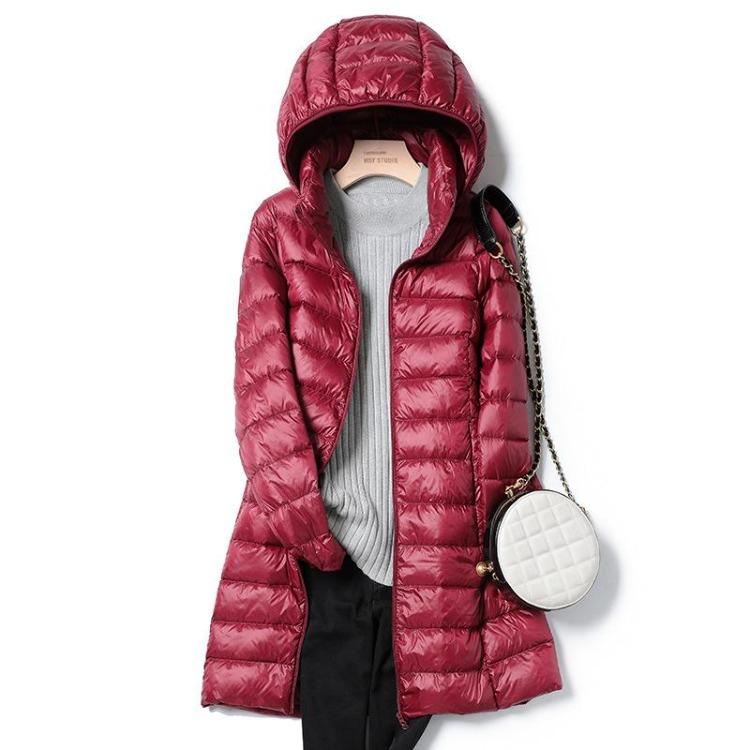 Women Light Down Jacket Long Warm Coat Female Hip Length Overcoat with Portable Storage Bag High Street Ladies Outerwear