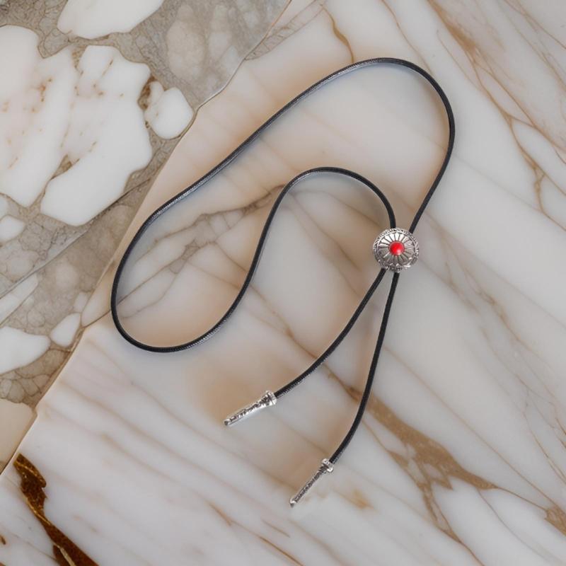 Vintage Bolo Tie Necktie Artificial Leather Braided Rope Necklace with Metal Sunflower Stone Pendant Jewelry Neckwear