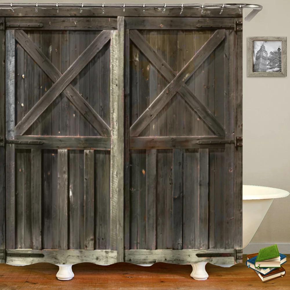 Bauernhaus Dekorativer Duschvorhang aus Holztür Retro Rustikale Scheunenholztür Europa Western Country Home Decor Badvorhanghaken