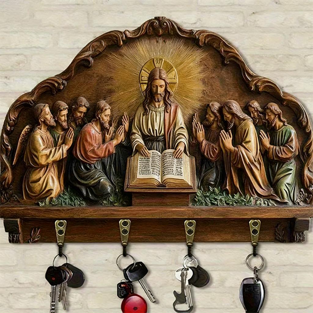 Wooden Multifunctional Home Key Holder, Wooden Keys Holder With Communion Theme, Religious Home Decor Wall Mount, Multifunctional Organizer With