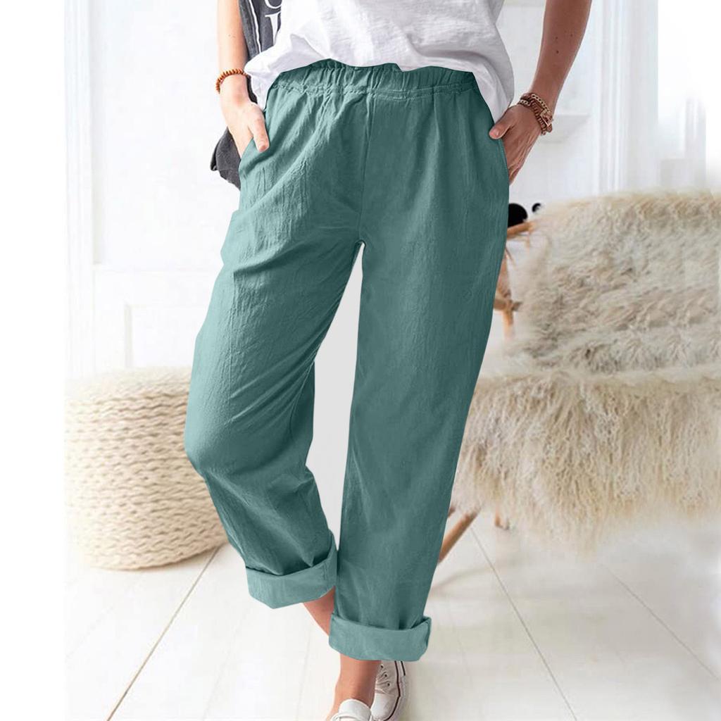 Damen Leinen Weite Hosen Elastischer Bund Lässige Lockere Hosen mit Taschen Leichte Alltags Hosen