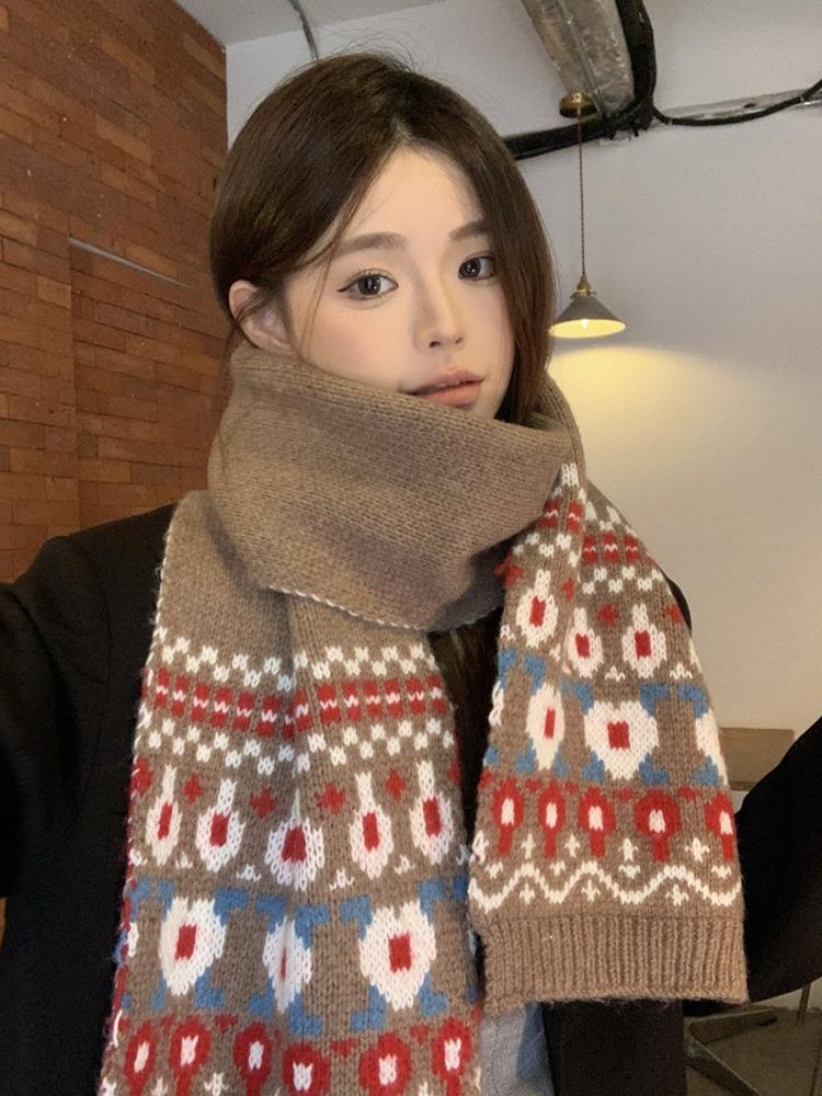 New Women'S Men Brown Floral Print Knitted Scarf Winter Warm Soft Korean Fashion Boho Wrap Scarves For Ladies Male Sweet Casual