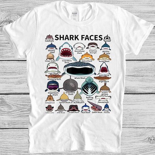 Shark Faces Marine Sea Life Music Fashion Top Retro Cool Gift Tee T Shirt 7099