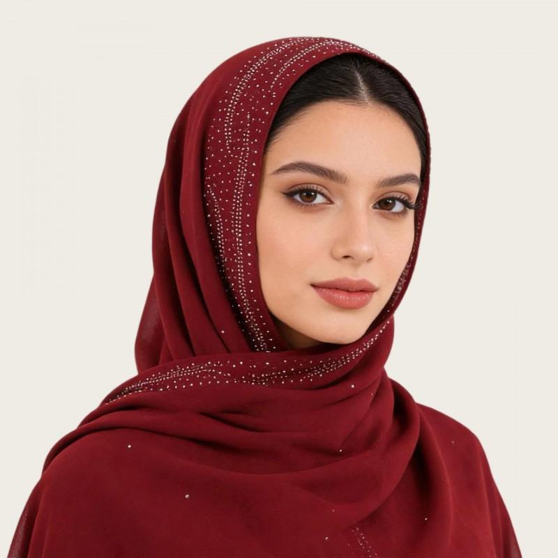 Womens Chiffon Scarf With Rhinestone Pearl Embellishment Ethnic Style Long Wrap Headband Accessory Elegant Lady Fashion