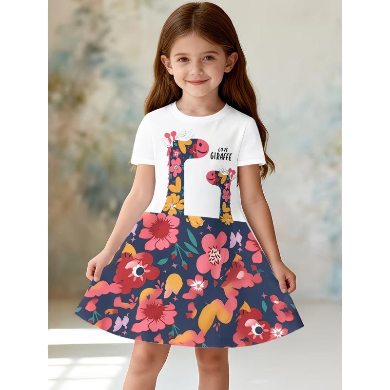 Leopard Print Summer Girls Dress Short Sleeves All Printed Frocks Cute A-Line Princess Dress for Young Girls
