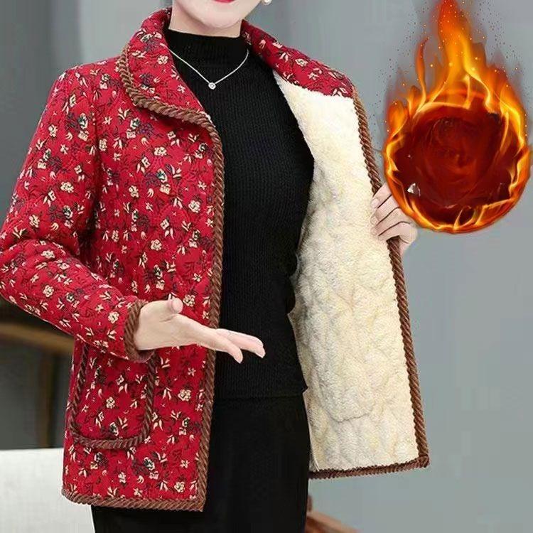 Middle-aged Women's Winter Warm Long-sleeved Plus Velvet Home Jacket Autumn and Winter New Thickened All-match Floral Cotton Jacket