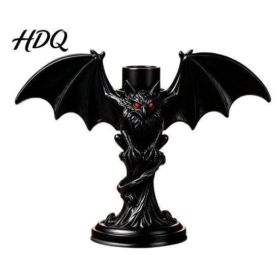 Halloween Bat Candle HolderGothic Tealight Holder Devil Holder, Gothic Winged Candlestick with Tabletop Ornament Red Eyes, Matte Black Sticks