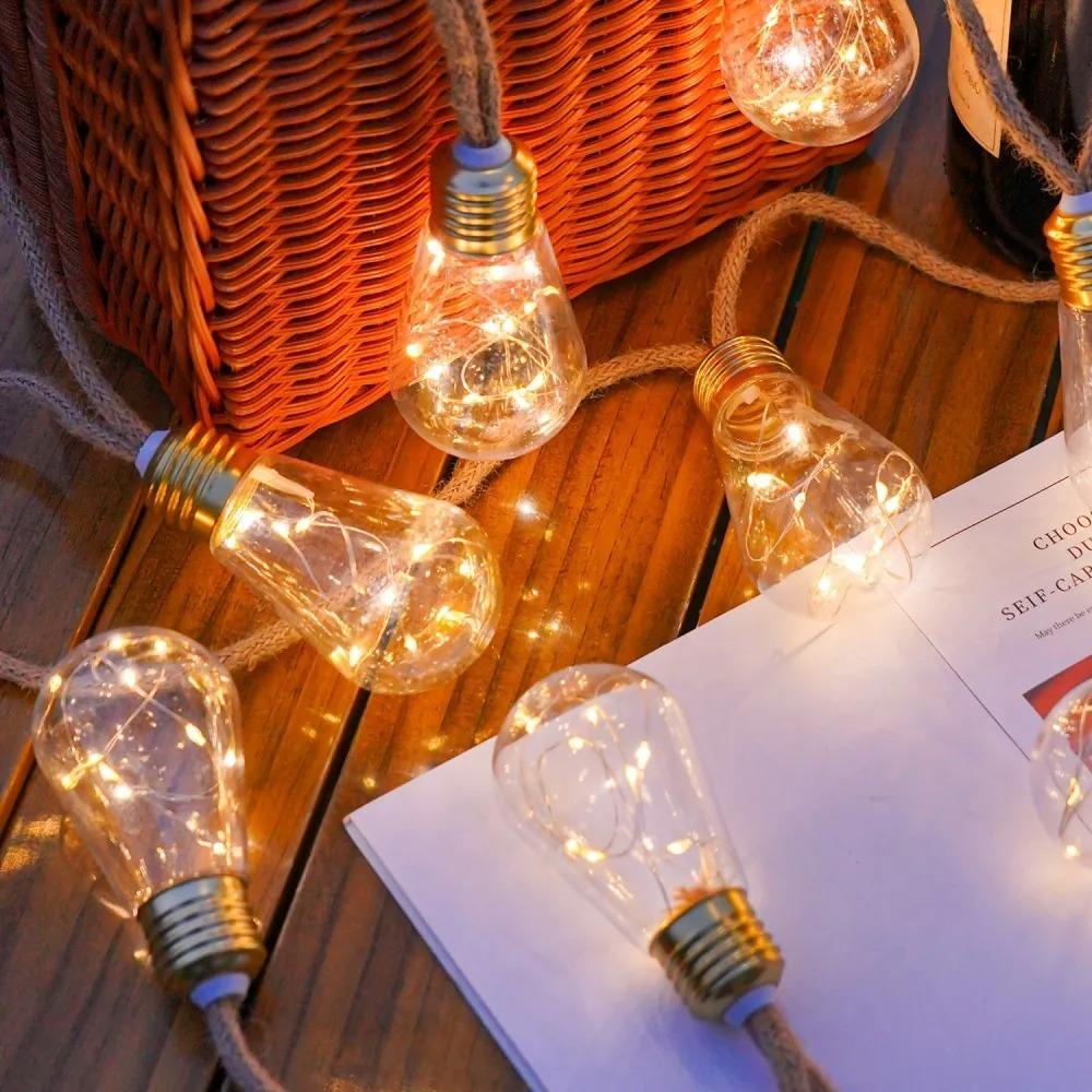 80LED Outdoor Garden Solar Light String, Bulb Hanging Retro Hemp Rope Light String, for Camping Courtyard Fence Garden
